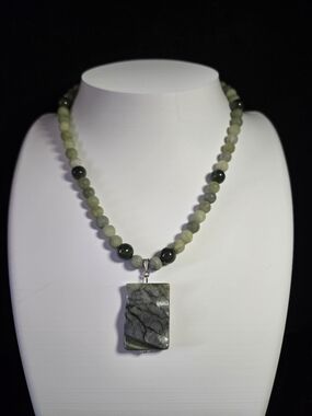 Artisan Serpentine And Nephrite Necklace with Rectangular Serpentine Pendant